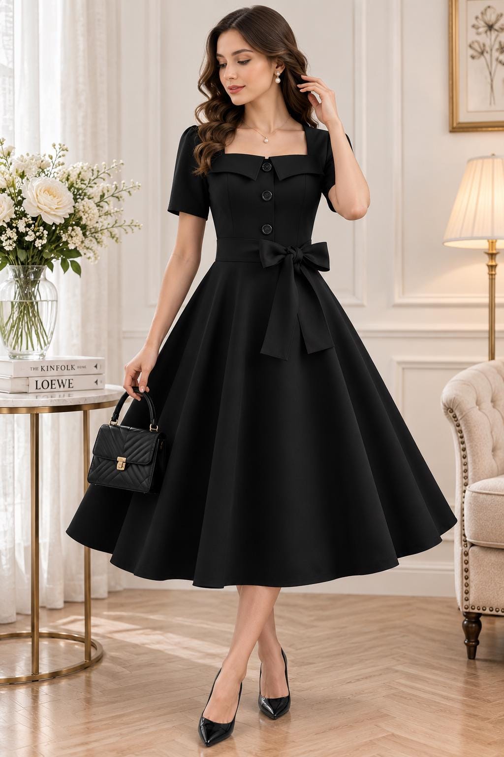 Women’s Black Vintage Midi Dress - Image 2