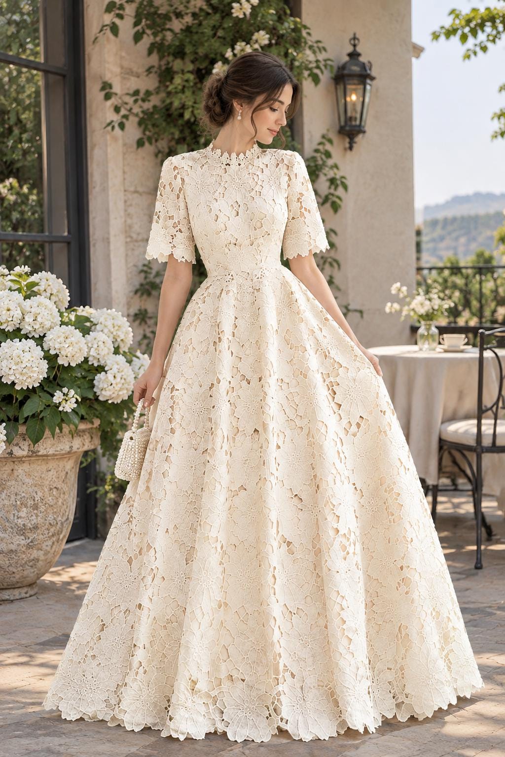Women’s Ivory 3D Floral Lace Maxi Dress