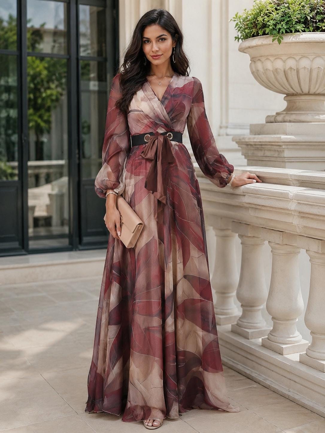 Women’s Burgundy Abstract Print Chiffon Maxi Dress - Image 4