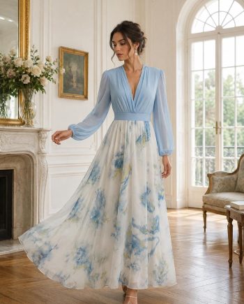 V-Neck Long Sleeve Chiffon Evening Gown