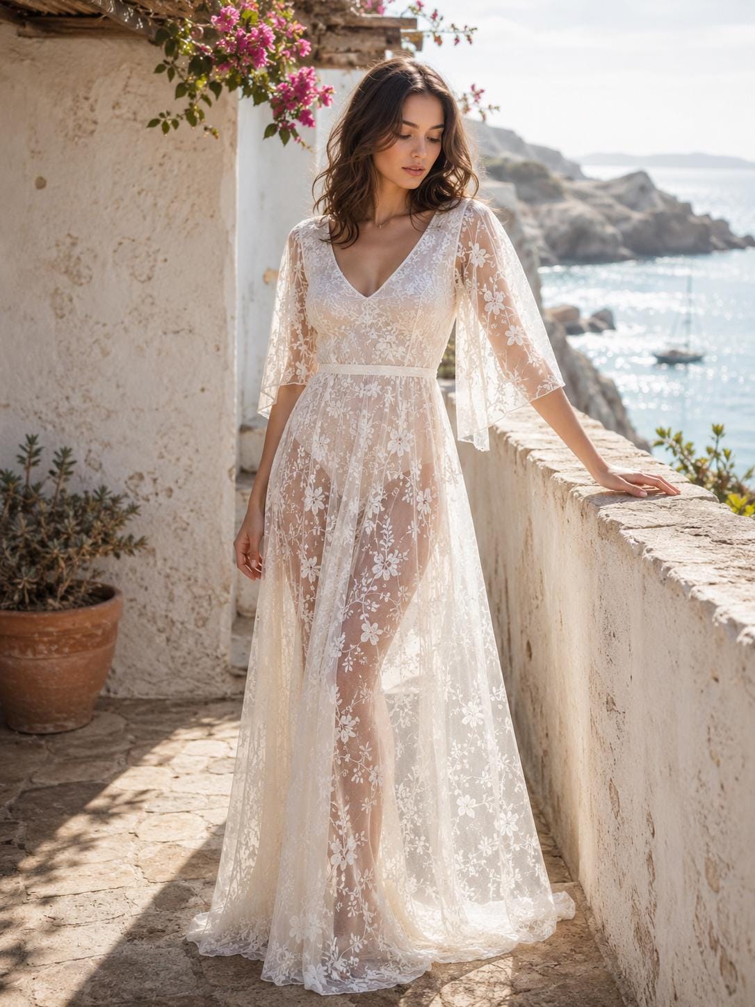 Deep V-Neck Bell Sleeve Boho Beach Wedding Gown