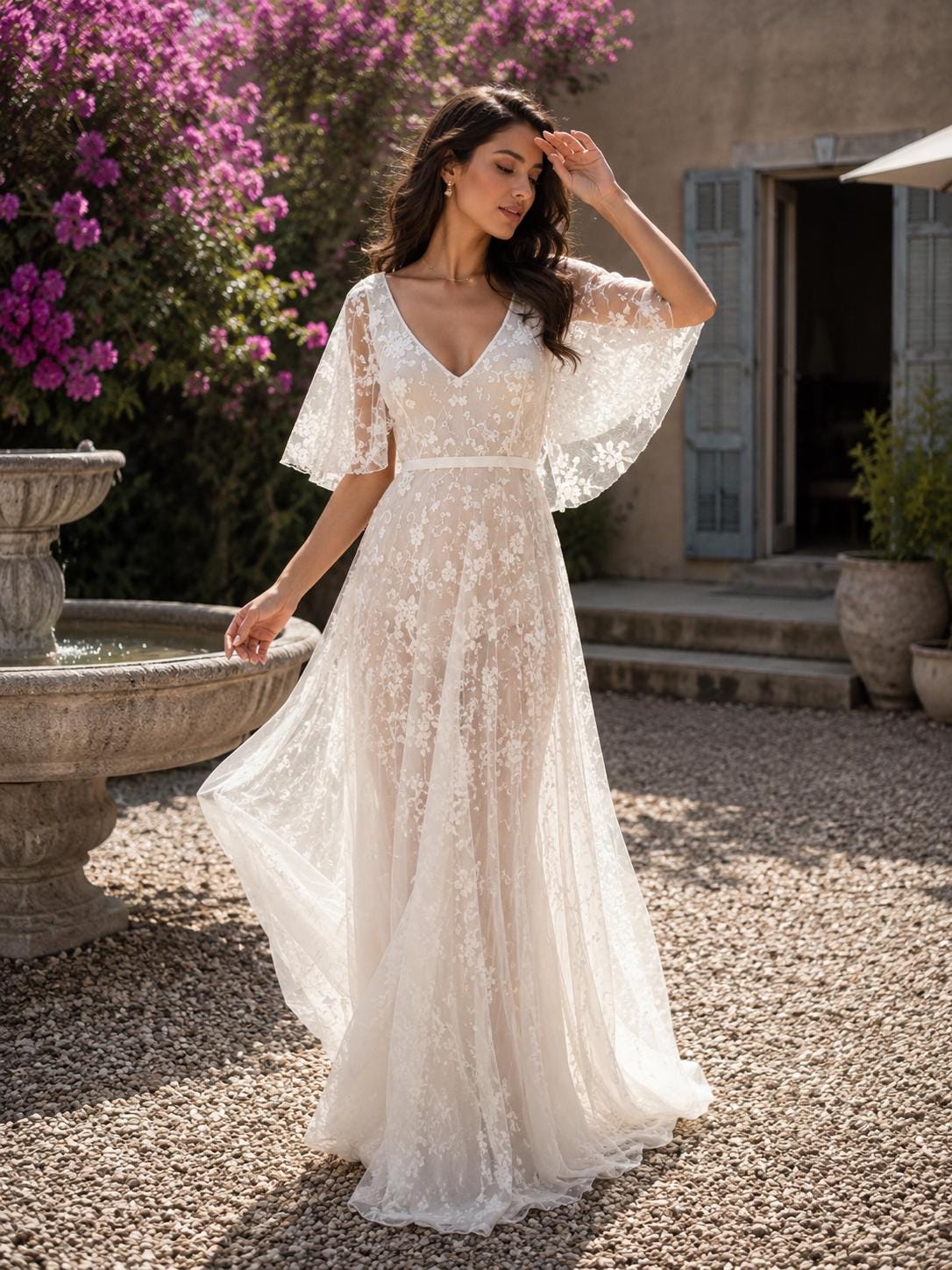 Deep V-Neck Bell Sleeve Boho Beach Wedding Gown - Image 2