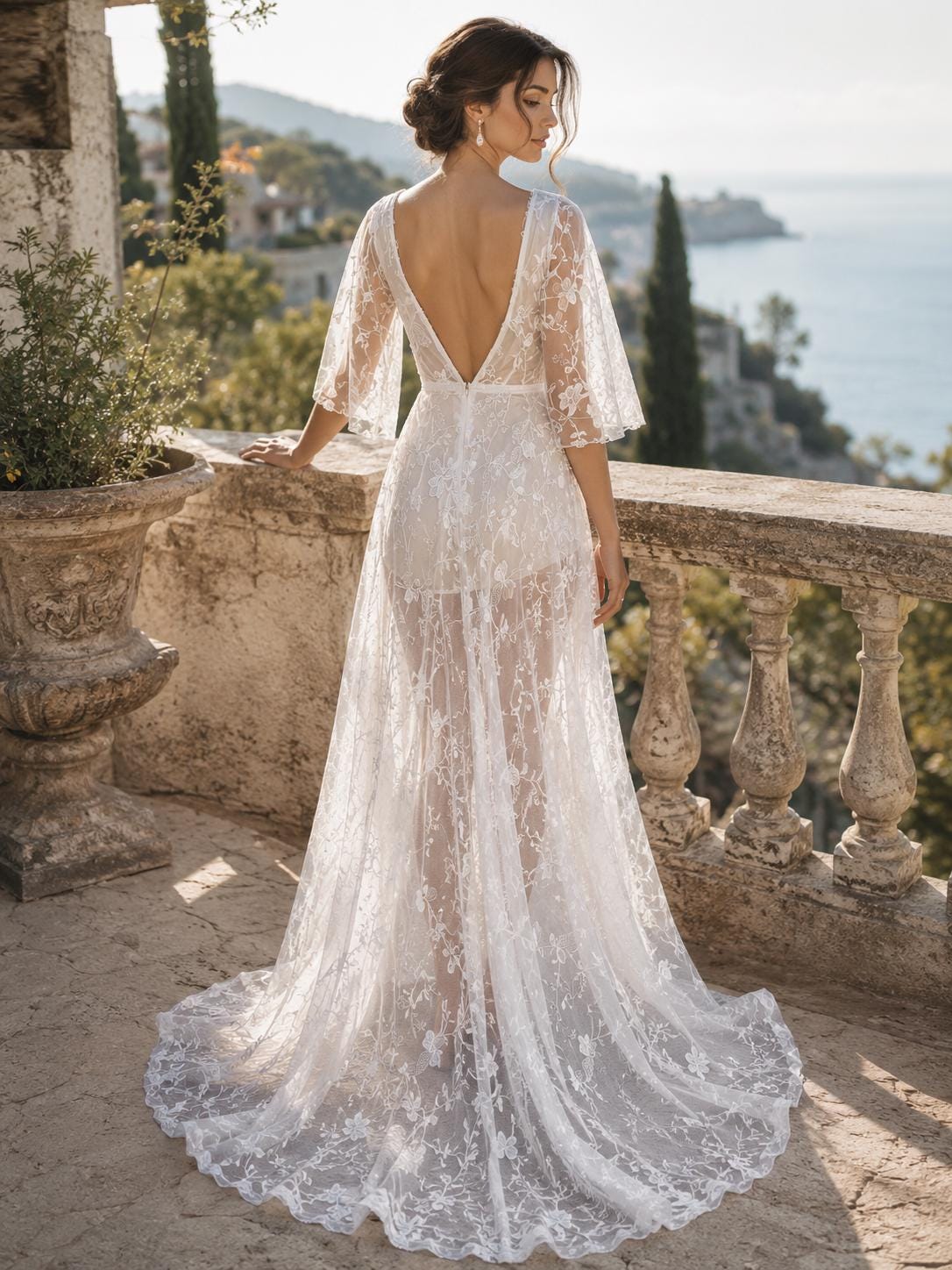 Deep V-Neck Bell Sleeve Boho Beach Wedding Gown - Image 4