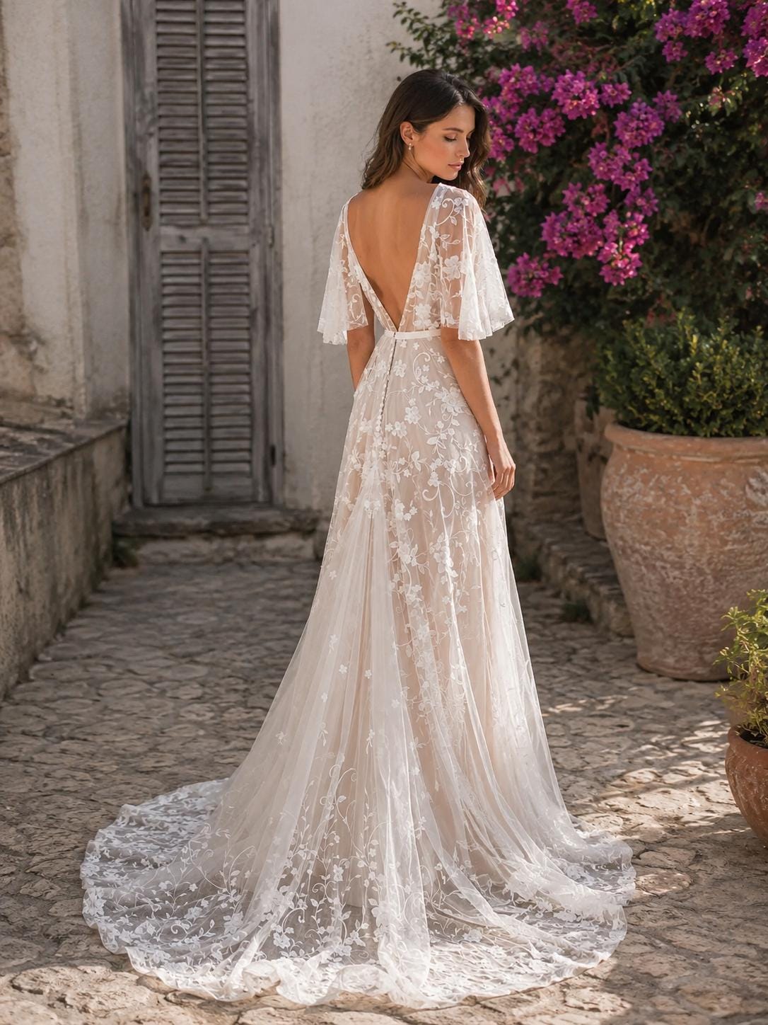 Deep V-Neck Bell Sleeve Boho Beach Wedding Gown - Image 5