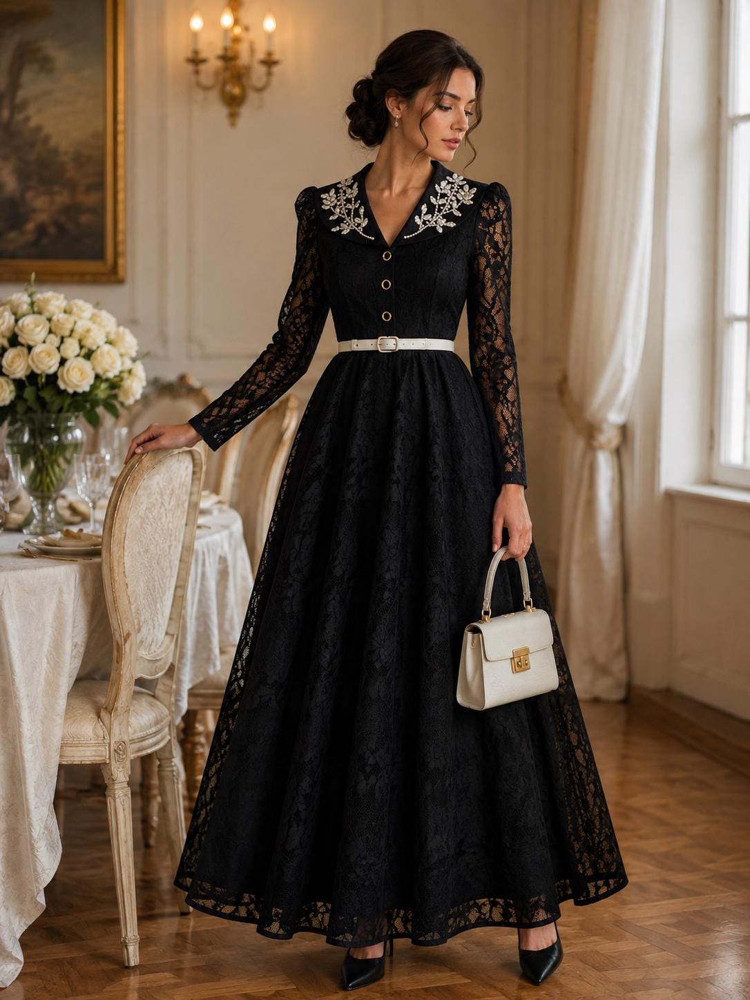 Embroidered Collar Long Sleeve Vintage A-Line Gown