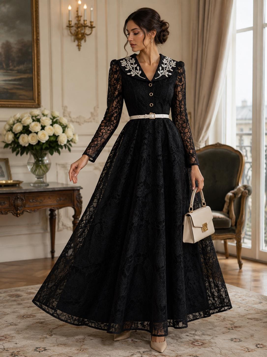Embroidered Collar Long Sleeve Vintage A-Line Gown - Image 2