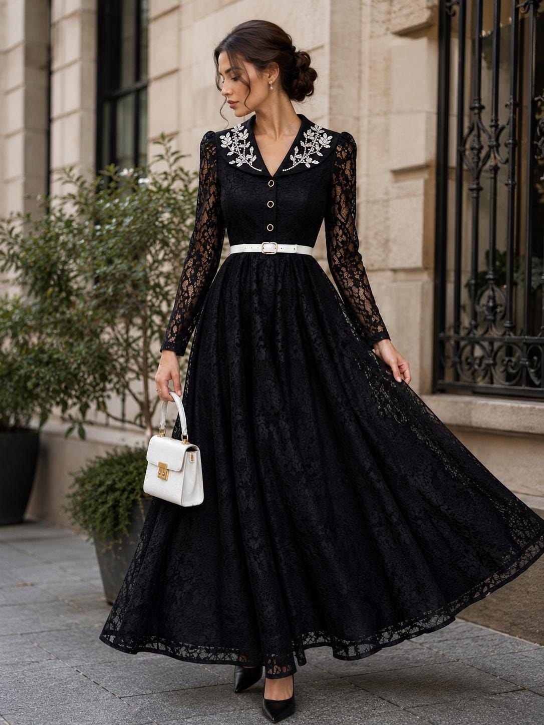 Embroidered Collar Long Sleeve Vintage A-Line Gown - Image 3