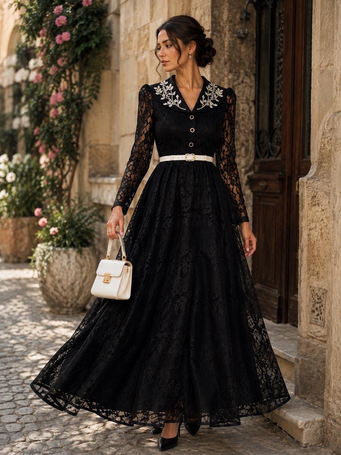 Embroidered Collar Long Sleeve Vintage A-Line Gown - Image 4