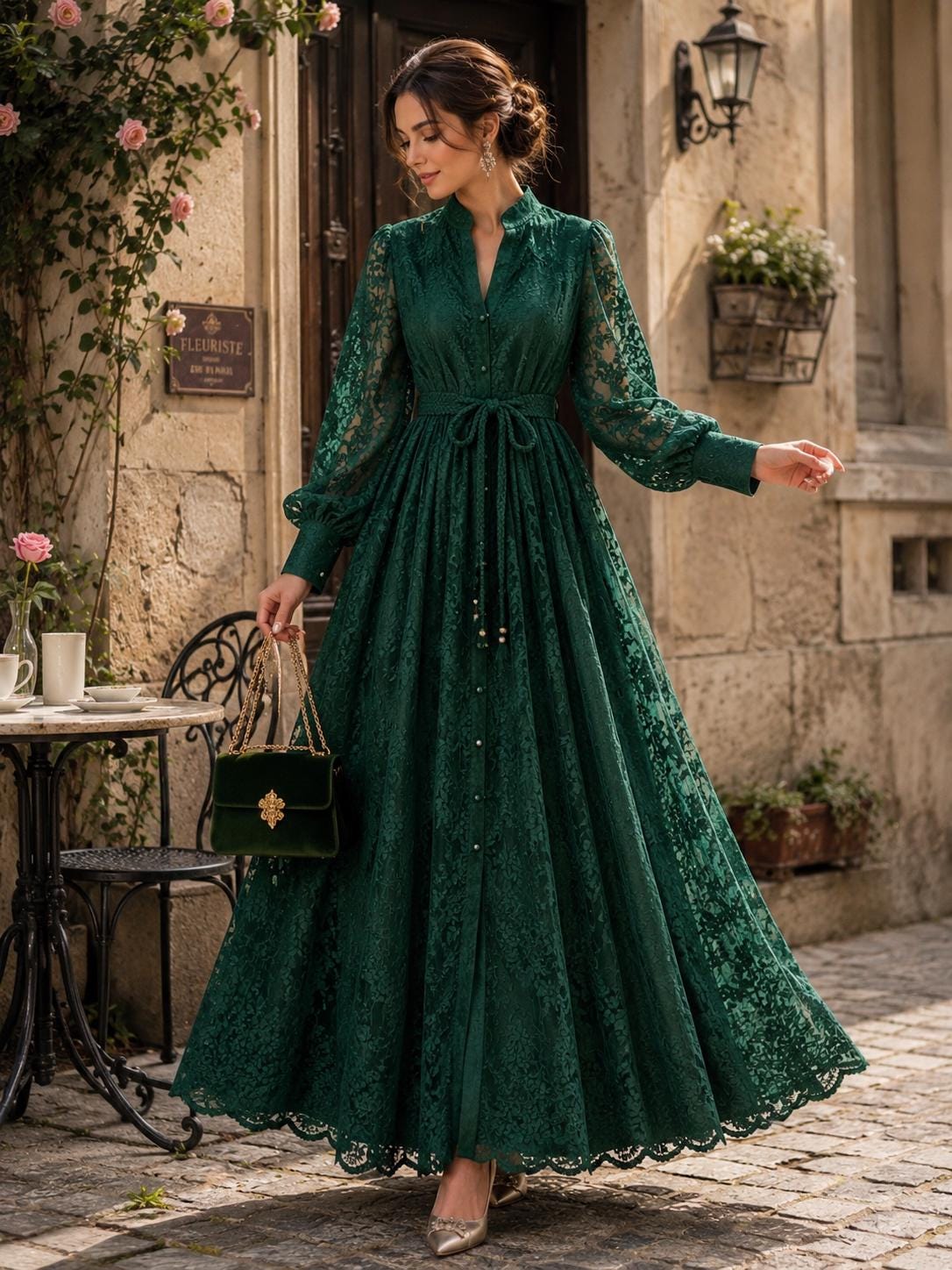Women’s Emerald Green Lace Midi Dress,