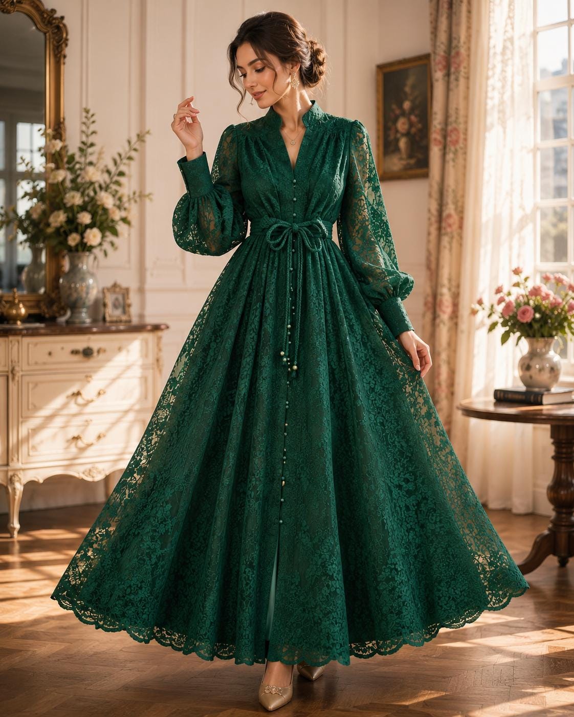 Women’s Emerald Green Lace Midi Dress, - Image 2