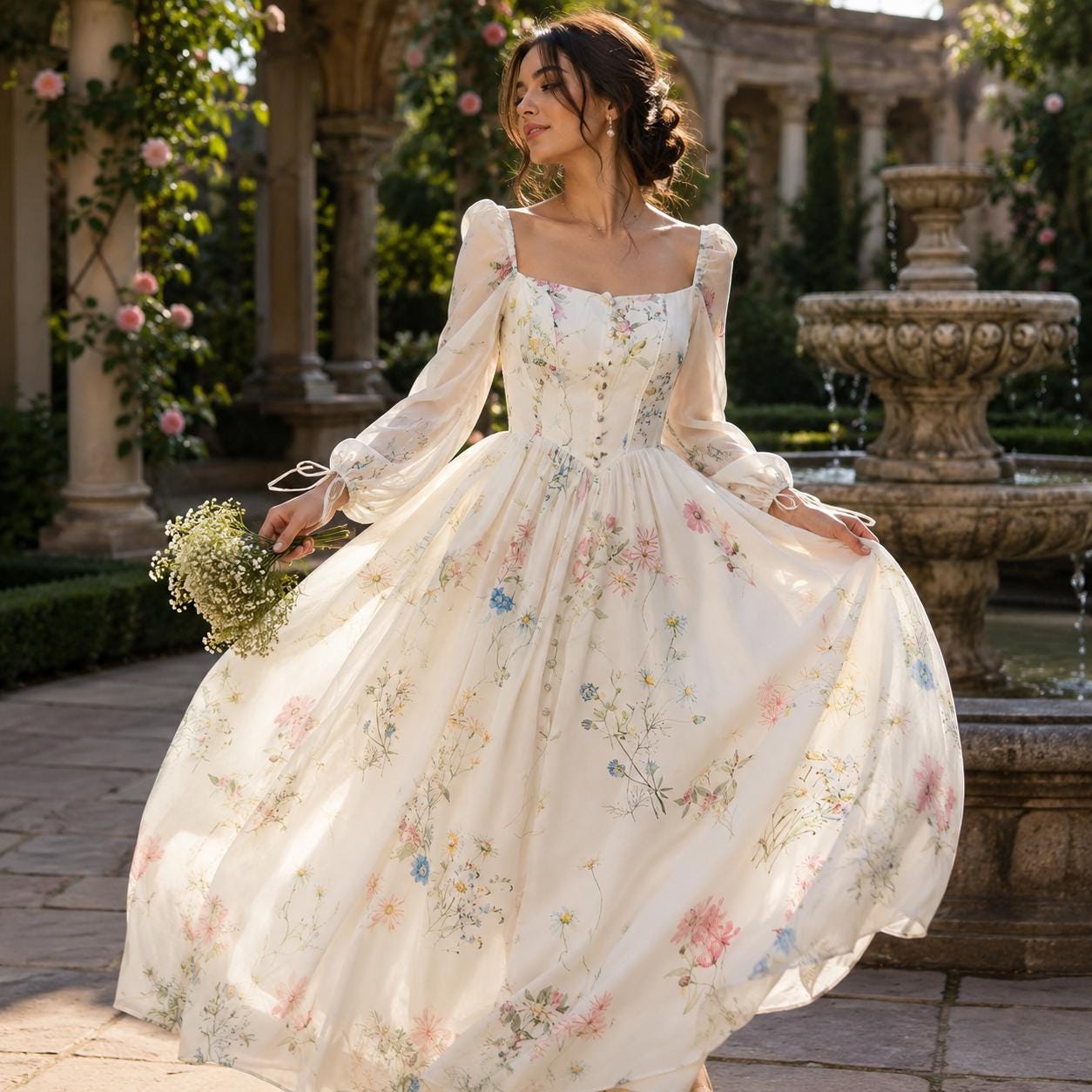 Square-Neck Puff Sleeve Cottagecore Gown