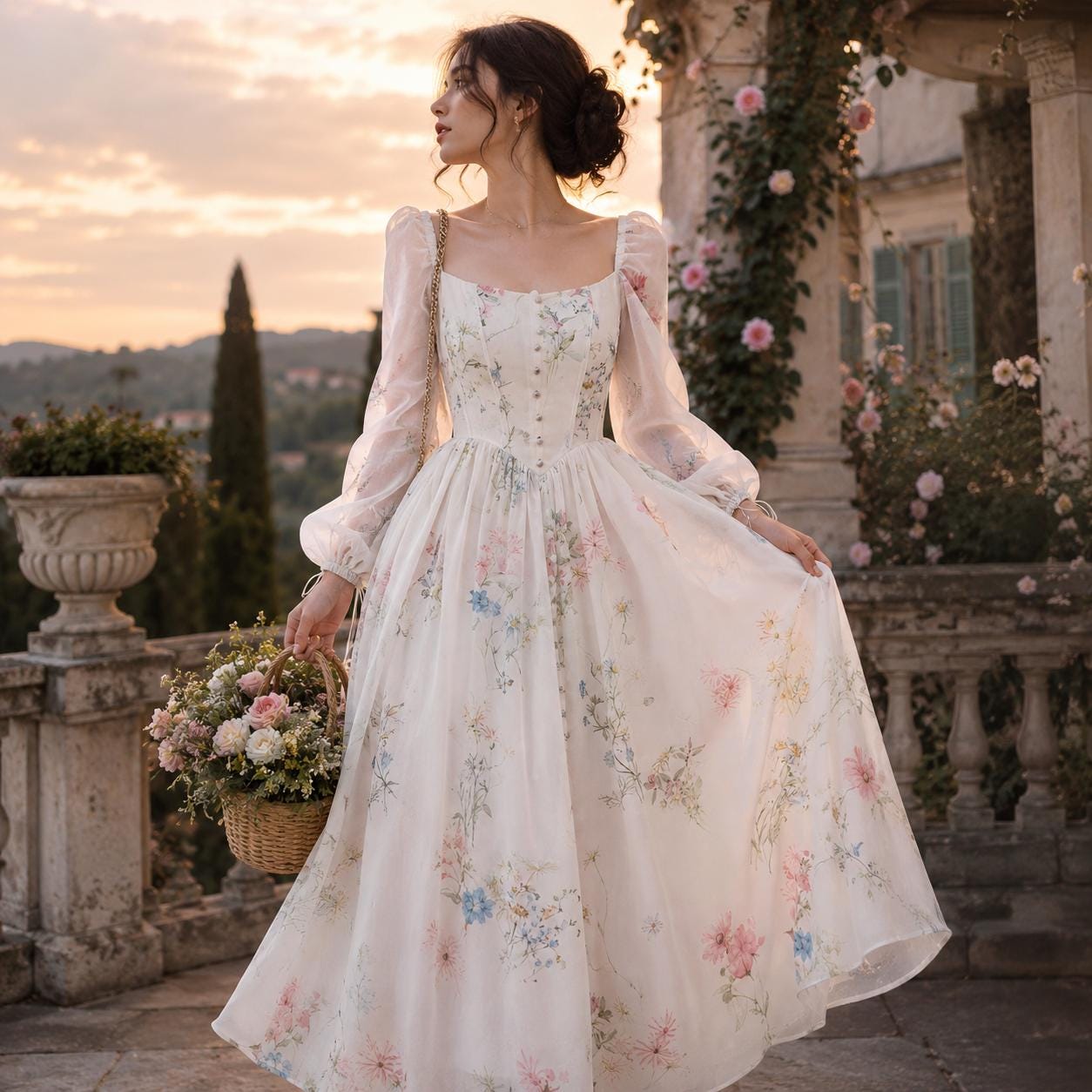 Square-Neck Puff Sleeve Cottagecore Gown - Image 2