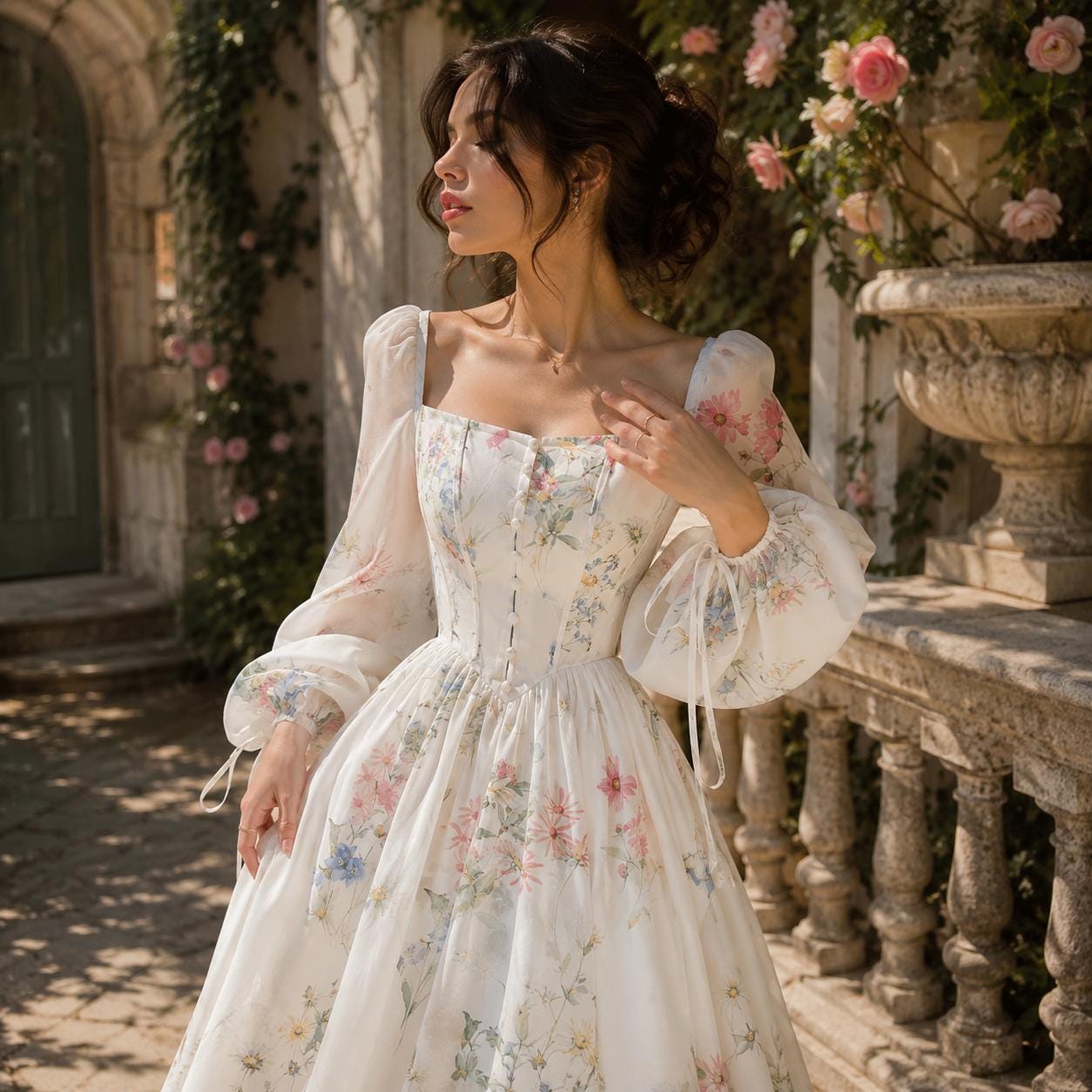 Square-Neck Puff Sleeve Cottagecore Gown - Image 3