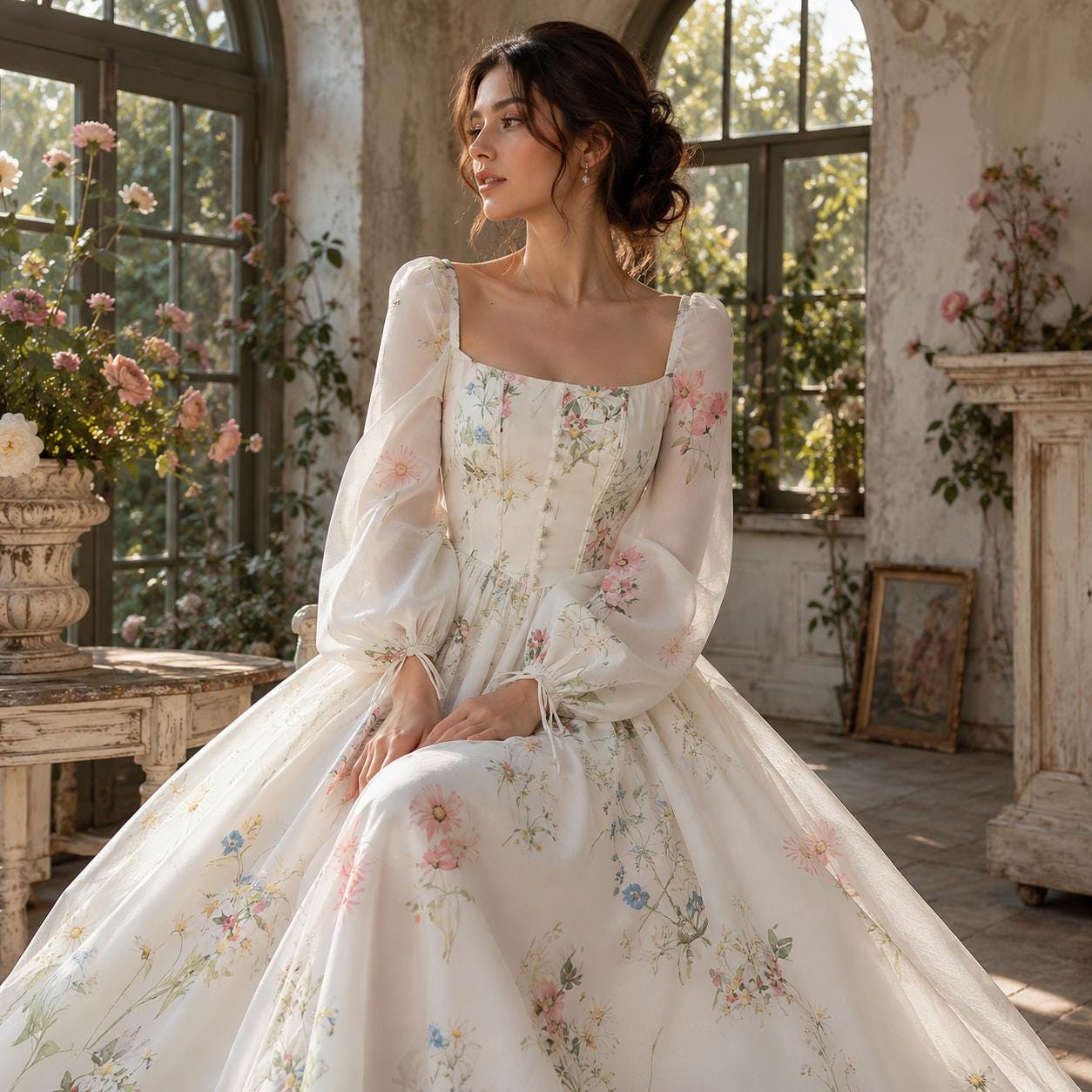 Square-Neck Puff Sleeve Cottagecore Gown - Image 4