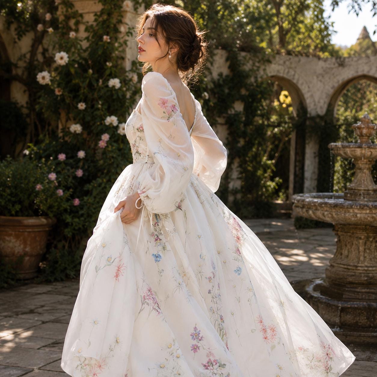 Square-Neck Puff Sleeve Cottagecore Gown - Image 5