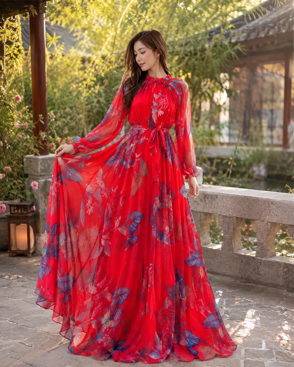igh-Neck Belted Long Sleeve Evening Gown - Image 2