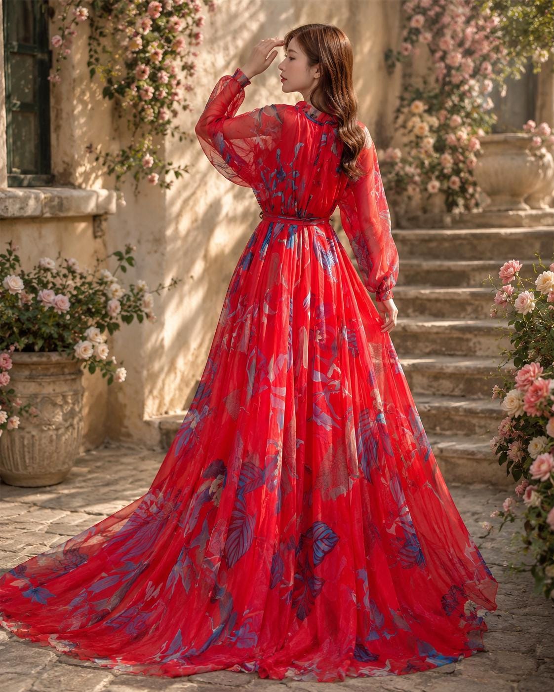 igh-Neck Belted Long Sleeve Evening Gown - Image 3