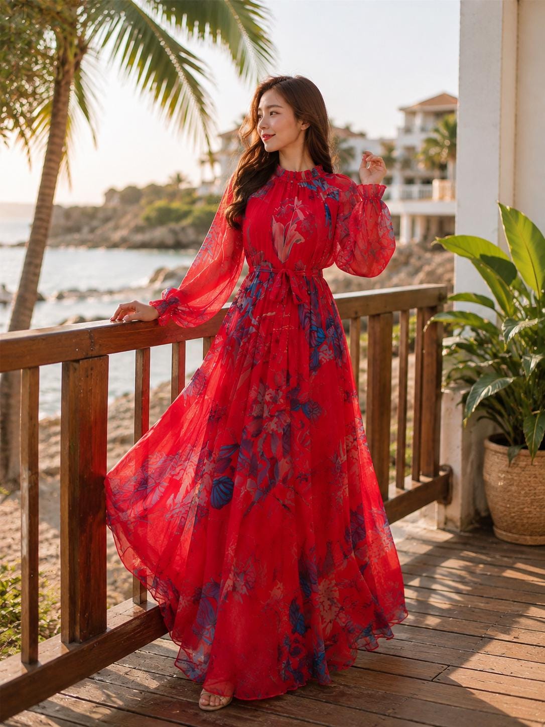 igh-Neck Belted Long Sleeve Evening Gown - Image 4