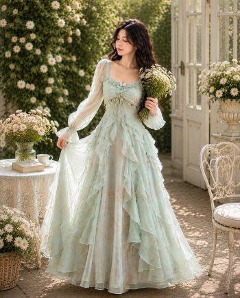 Lace-Up Corset Long Sleeve Fairy Gown